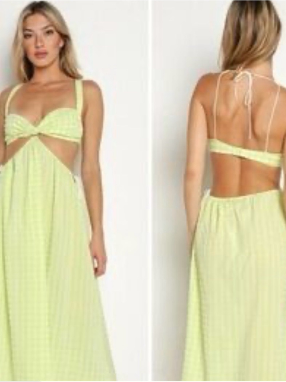 For Love & Lemons Maureen Midi Dress Light Lime Gingham Open-Back Maxi Dress